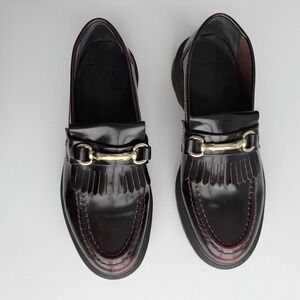 Dr. Martens Burgundy Leather Kiltie Loafers with Gold Hardware